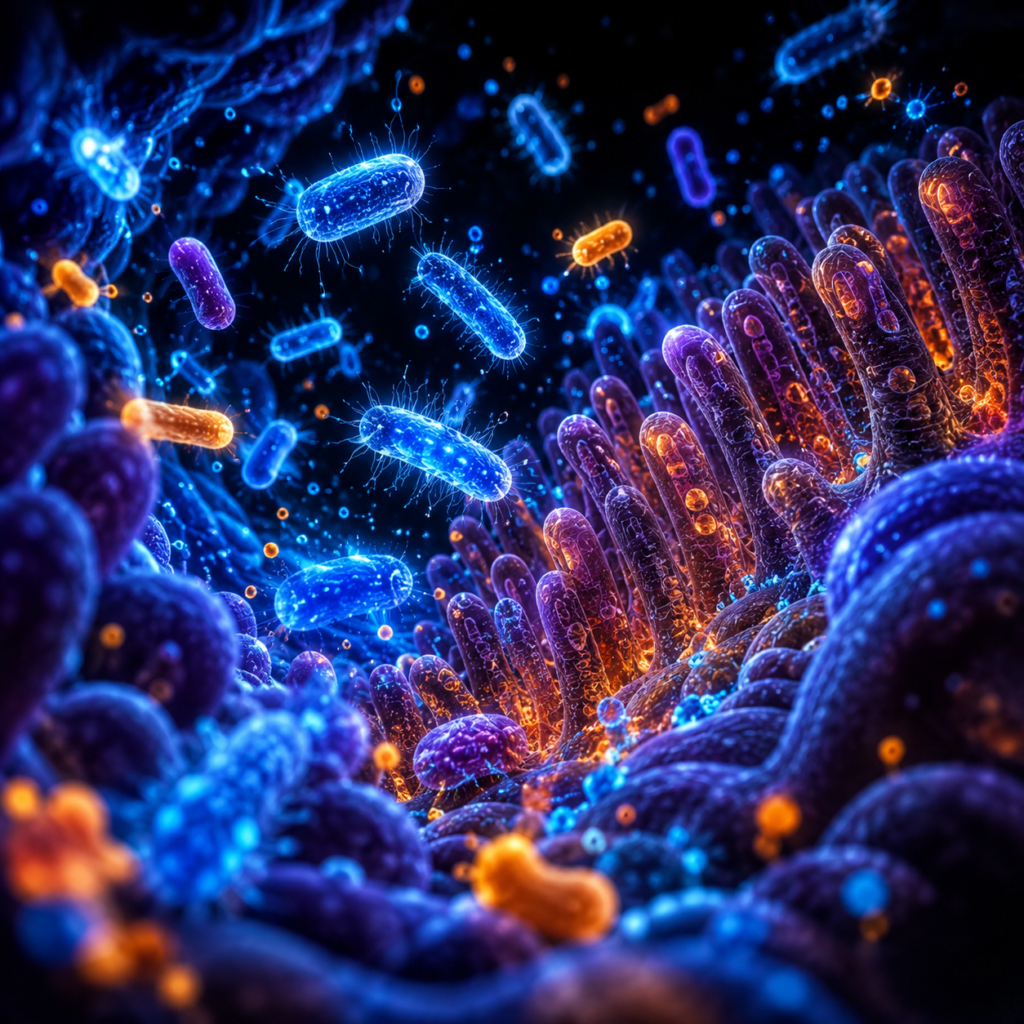 Glowing illustration of gut microbiome bacteria, Javatide's Gut-Reset technology