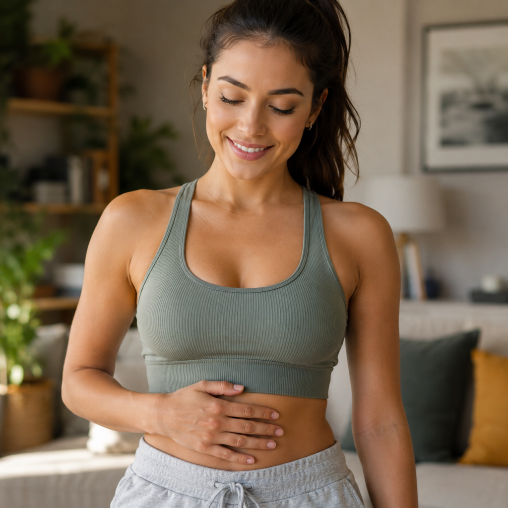 Woman feeling relief from bloating and cravings after using Javatide