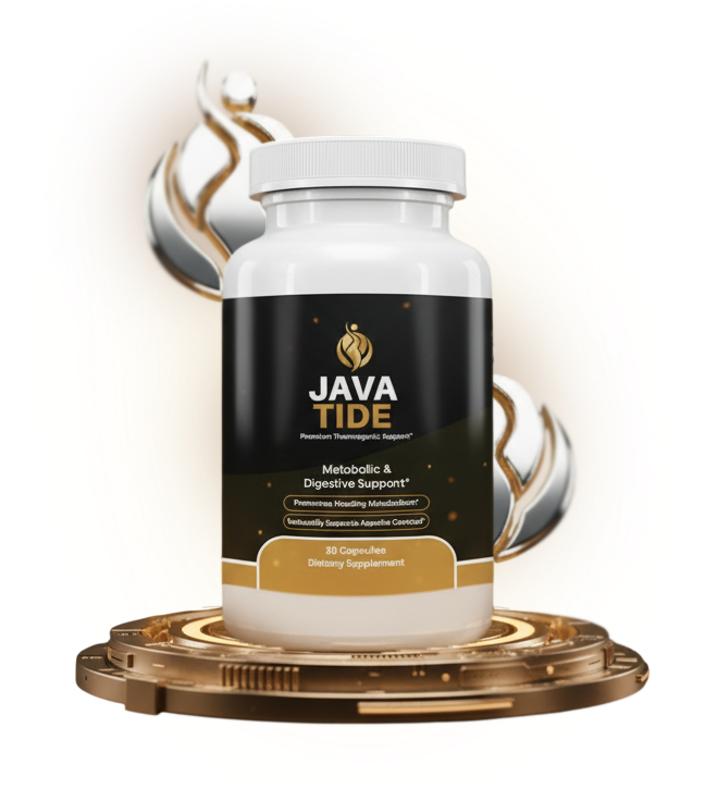 Javatide bottle on a glowing pedestal, premium gut health and weight loss supplement